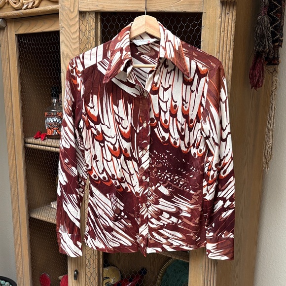 Vintage Tops - Vintage 1970's Lady Arrow Abstract Print Long Sleeve Button Up Shirt